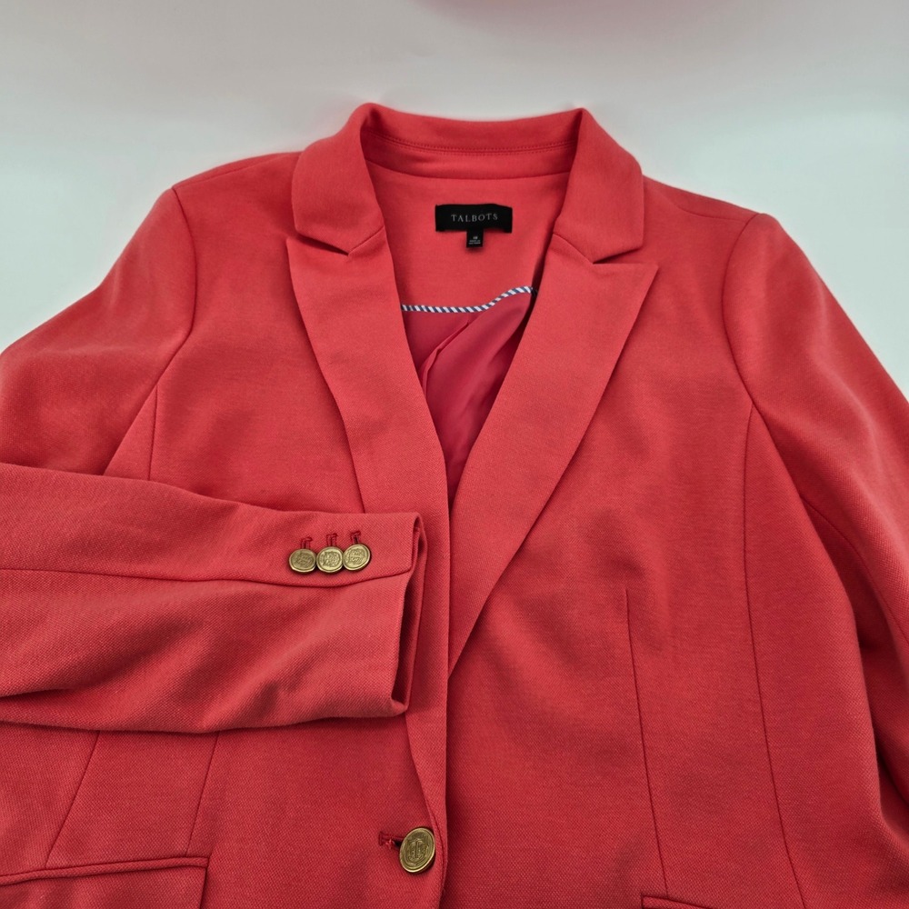 Talbots Blazer Womens Pique Knit Single Button Crest Gold Coral Pink Size 18